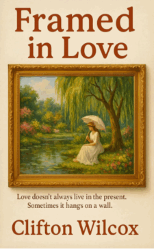 Book cover: woman by pond, framed painting.